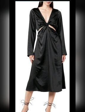 Black Twist Front Cutout Satin Midi Dress